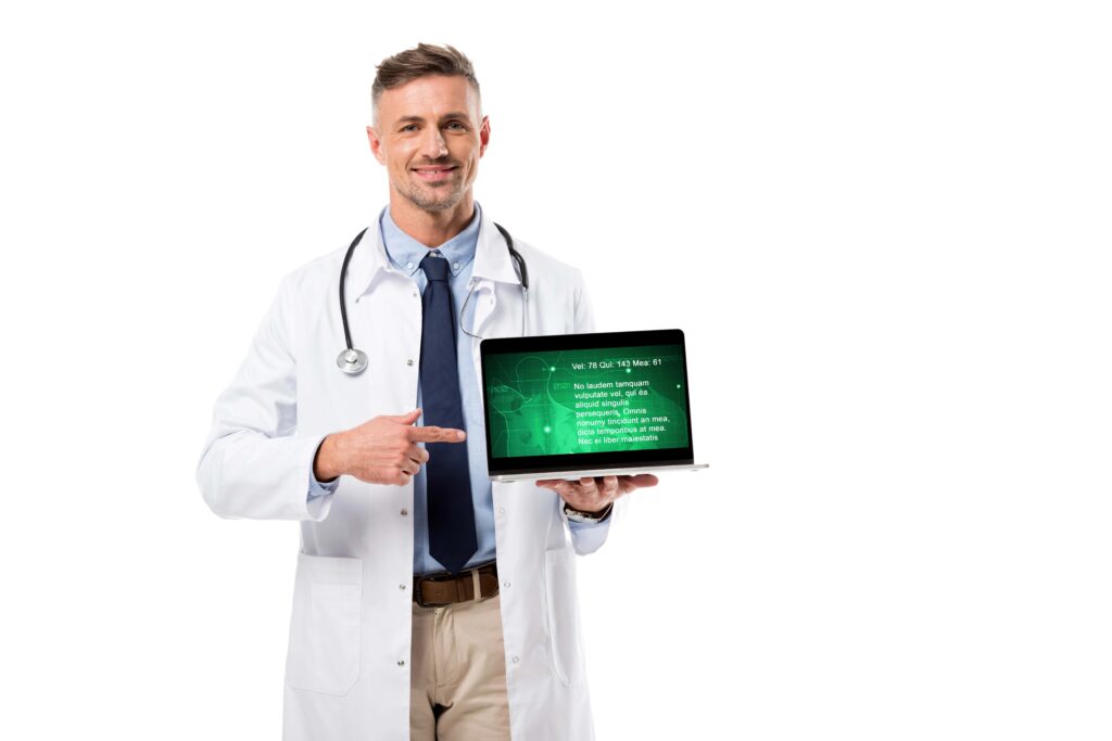 physician pointing to his laptop | clinical data management